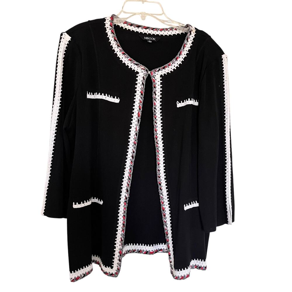 Misook Black Poppy Red White Crochet Trim 3/4 Sleeve Cardigan Jacket Size Large